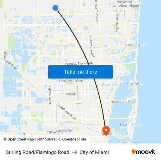 Stirling Road/Flamingo Road to City of Miami map