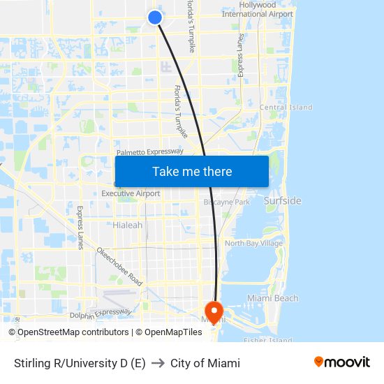 Stirling R/University D (E) to City of Miami map