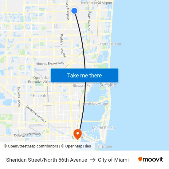 Sheridan Street/North 56th Avenue to City of Miami map