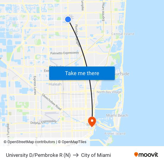 University D/Pembroke R (N) to City of Miami map