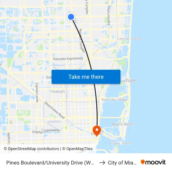 Pines Boulevard/University Drive (West) to City of Miami map