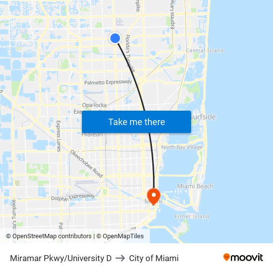 Miramar Pkwy/University D to City of Miami map