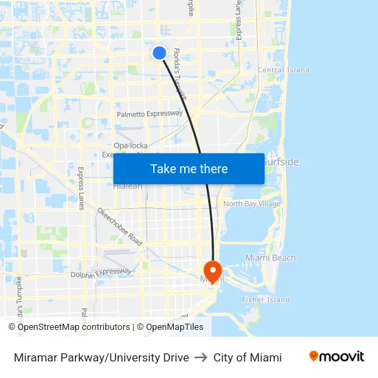 Miramar Parkway/University Drive to City of Miami map