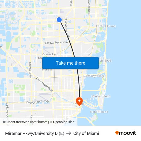 Miramar Pkwy/University D (E) to City of Miami map