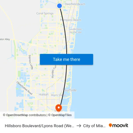 Hillsboro Boulevard/Lyons Road (West) to City of Miami map
