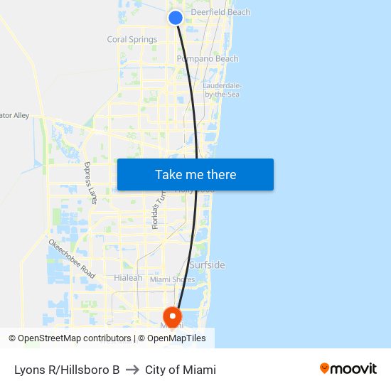 Lyons R/Hillsboro B to City of Miami map