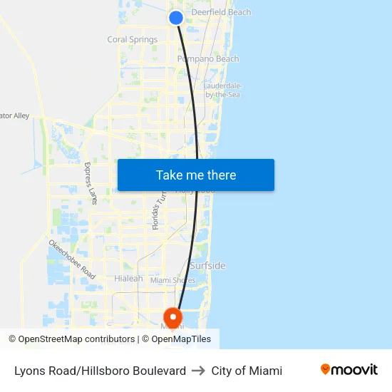 Lyons Road/Hillsboro Boulevard to City of Miami map