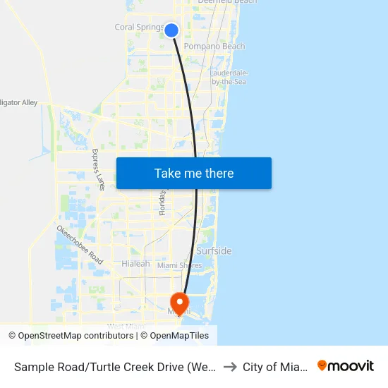 Sample Road/Turtle Creek Drive (West) to City of Miami map