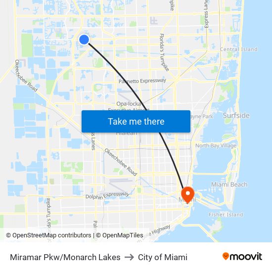 Miramar Pkw/Monarch Lakes to City of Miami map