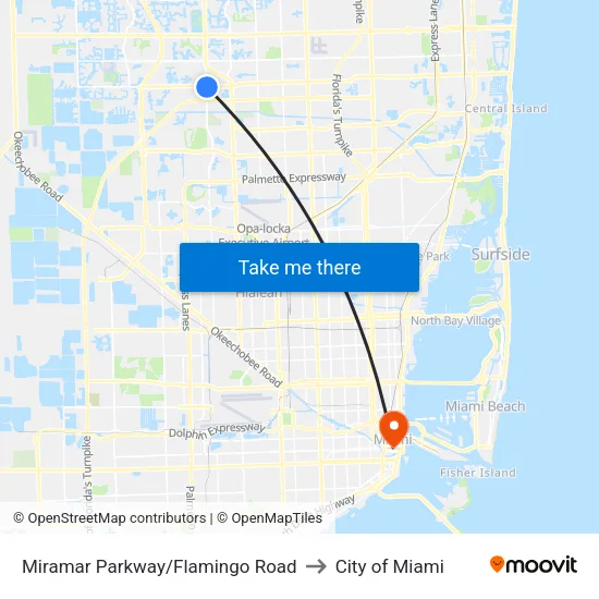 Miramar Parkway/Flamingo Road to City of Miami map