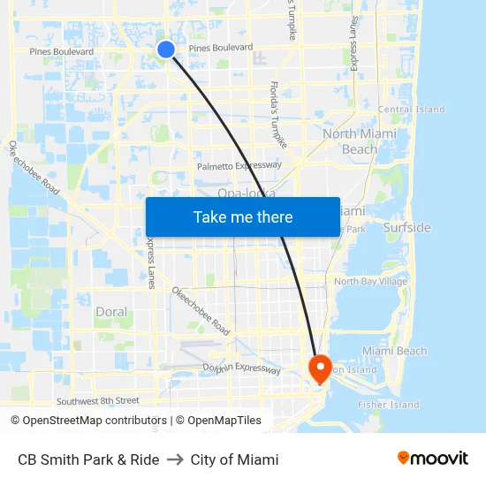 CB Smith Park & Ride to City of Miami map