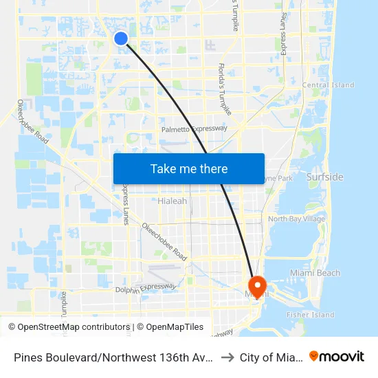 Pines Boulevard/Northwest 136th Avenue to City of Miami map