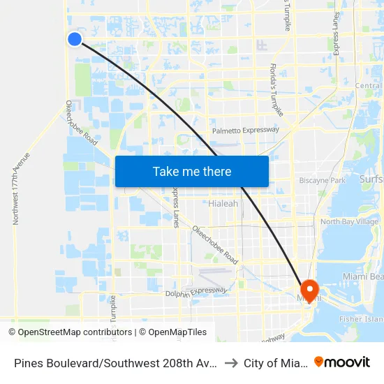 Pines Boulevard/Southwest 208th Avenue to City of Miami map