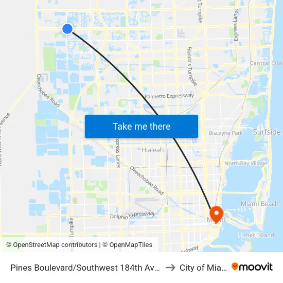 Pines Boulevard/Southwest 184th Avenue to City of Miami map