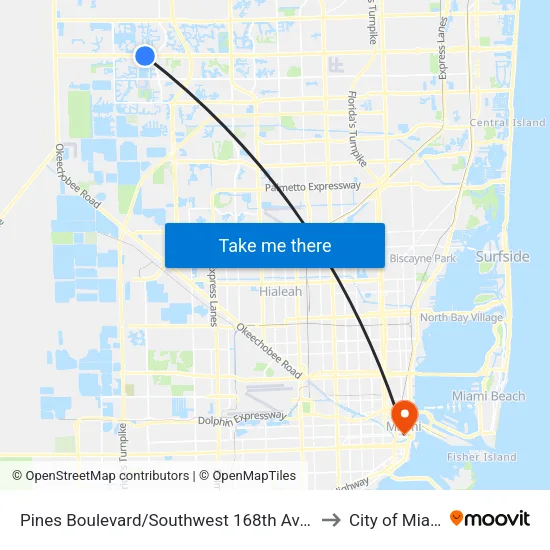 Pines Boulevard/Southwest 168th Avenue to City of Miami map