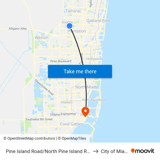 Pine Island Road/North Pine Island Road to City of Miami map