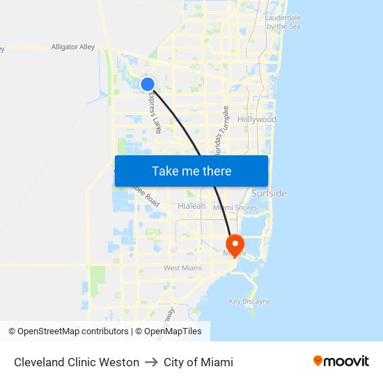 Cleveland Clinic Weston to City of Miami map
