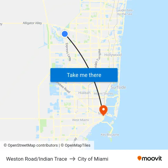 Weston Road/Indian Trace to City of Miami map