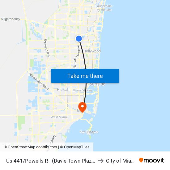 US 441/POWELLS R - (DAVIE TOWN PLAZA) to City of Miami map