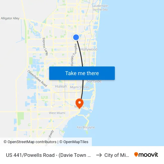 US 441/Powells Road - (Davie Town Plaza) to City of Miami map