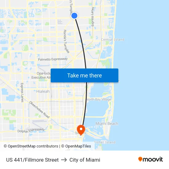 US 441/Fillmore Street to City of Miami map