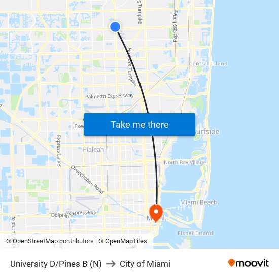 University D/Pines B (N) to City of Miami map