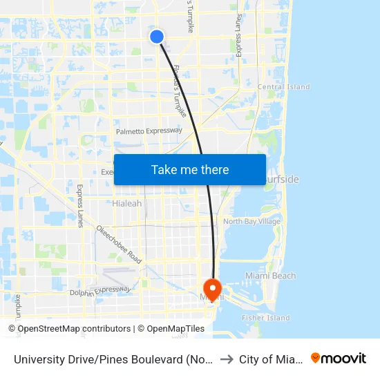 University Drive/Pines Boulevard (North) to City of Miami map