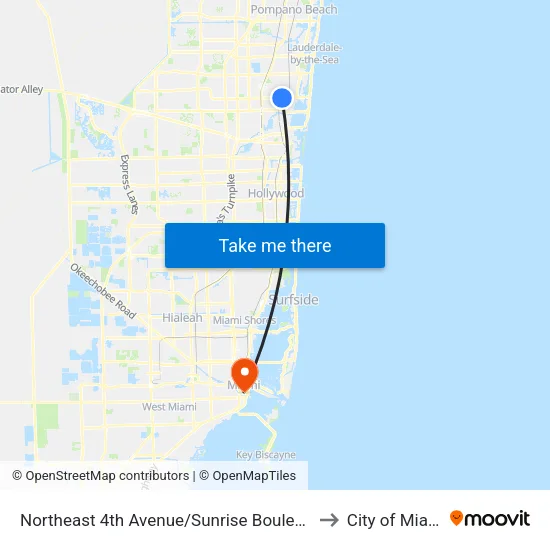 Northeast 4th Avenue/Sunrise Boulevard to City of Miami map