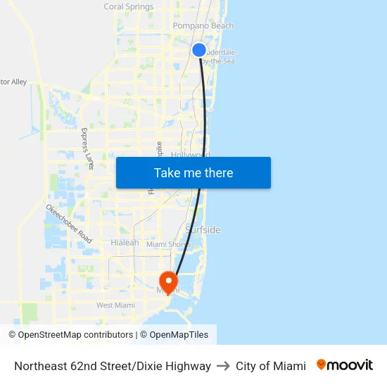 Northeast 62nd Street/Dixie Highway to City of Miami map