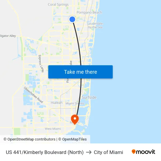 US 441/Kimberly Boulevard (North) to City of Miami map