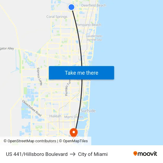 US 441/Hillsboro Boulevard to City of Miami map