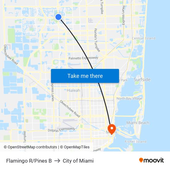 FLAMINGO R/PINES B to City of Miami map