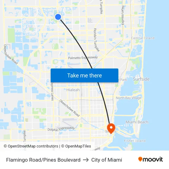 Flamingo Road/Pines Boulevard to City of Miami map
