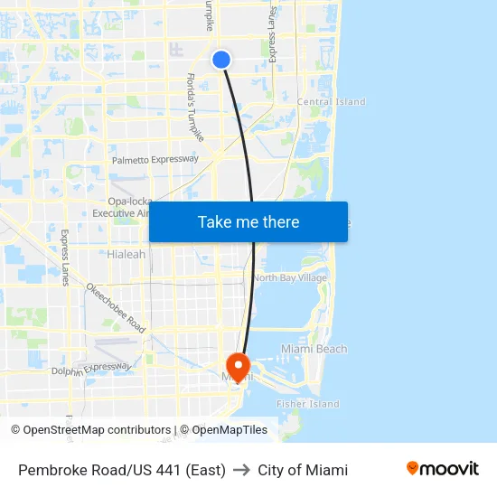 Pembroke Road/US 441 (East) to City of Miami map