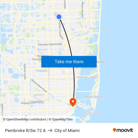 Pembroke R/Sw 72 A to City of Miami map