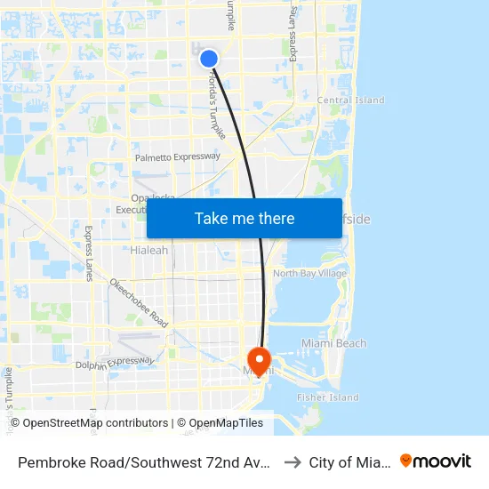 Pembroke Road/Southwest 72nd Avenue to City of Miami map