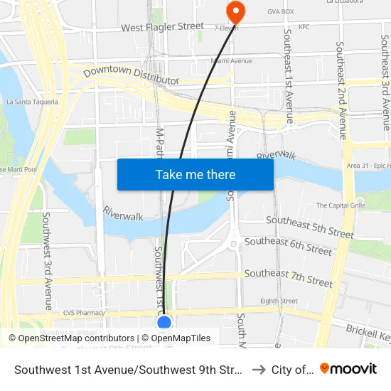 Southwest 1st Avenue/Southwest 9th Street - (Brickell Metrorail Station) to City of Miami map