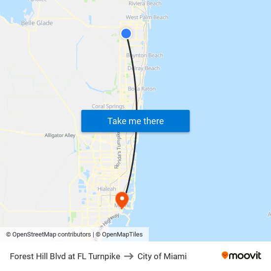 Forest Hill Blvd at FL Turnpike to City of Miami map