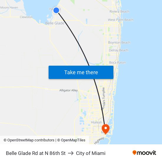 Belle Glade Rd at N 86th St to City of Miami map