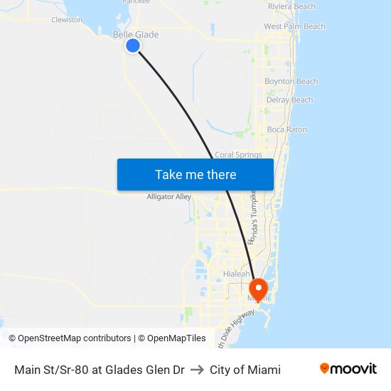 Main St/Sr-80 at Glades Glen Dr to City of Miami map