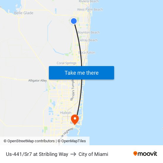 Us-441/Sr7 at Stribling Way to City of Miami map