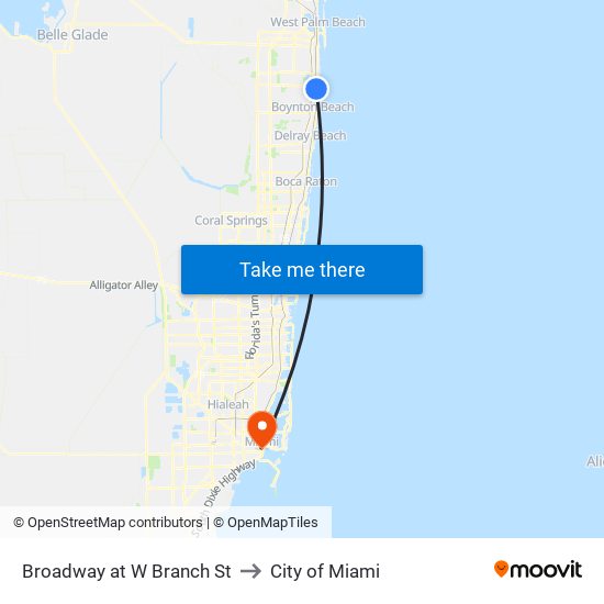 Broadway at  W Branch St to City of Miami map