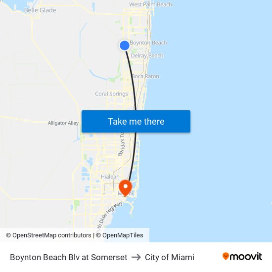 Boynton Beach Blv at Somerset to City of Miami map