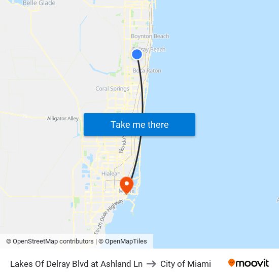 Lakes Of Delray Blvd at Ashland Ln to City of Miami map
