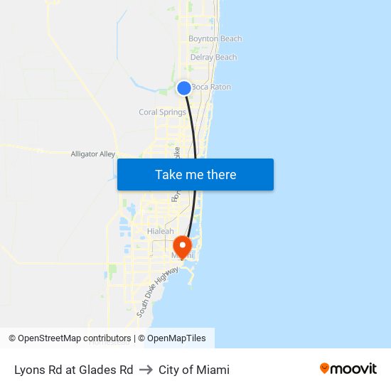 Lyons Rd at Glades Rd to City of Miami map