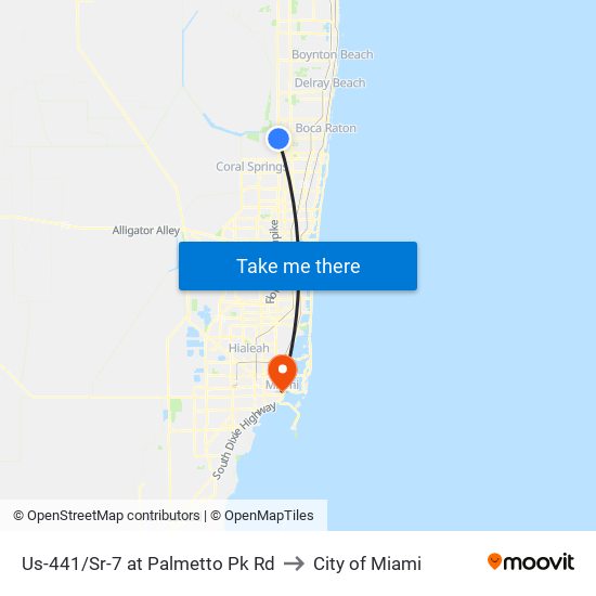 Us-441/Sr-7 at Palmetto Pk Rd to City of Miami map