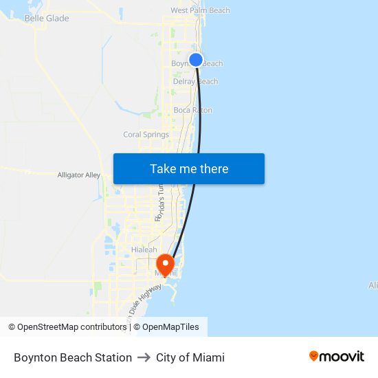 Boynton Beach Station to City of Miami map