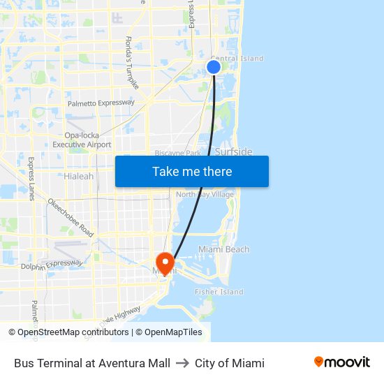 Bus Terminal at Aventura Mall to City of Miami map