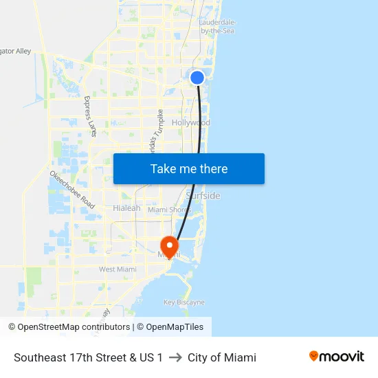 Southeast 17th Street & US 1 to City of Miami map