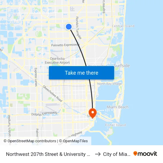 Northwest 207th Street & University Drive to City of Miami map